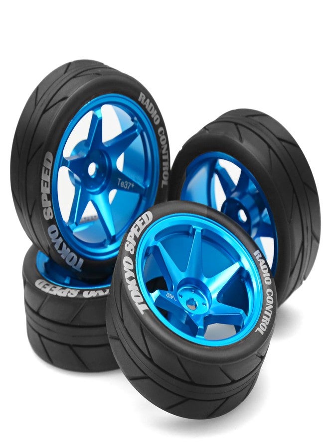 Dantenron 1/10 RC On Road Tires OD 65mm and Aluminum Street Wheels 12mm Hex Touring Tyres for 1:10 Rally Racing Drift Car Tamiya TT01 TT02 XV01 HPI KYOSHO HSP PTG2 Traxxas TA06 A959 PTG2 (Blue) - Image 1